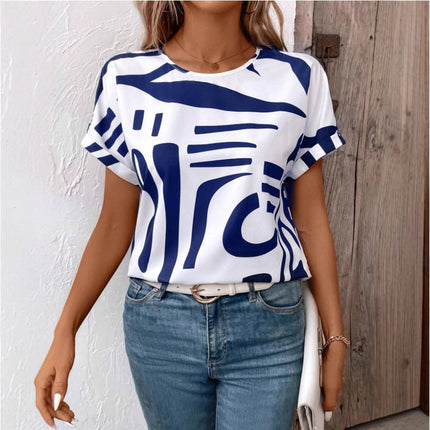 Batwing Sleeve Round Neck Geometric Printed Shirt For Women