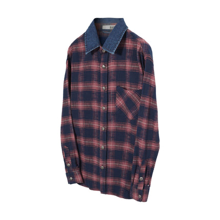 Men's Vintage Cross Button Denim Spliced Plaid Blouse Coat