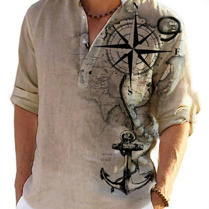 Thin Casual Digital Bamboo Linen Hawaiian Long Sleeve Shirt