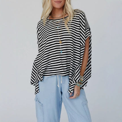 Round Neck Short Sleeve Pullover All-matching Striped Printed T-shirt