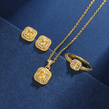 Women's Simple Small Sugar Cube Rings Ear Studs Jewelry Copper-plated Gold Jewelry Suit