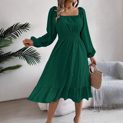 Casual Solid Color Square Collar Long Sleeve Waist Trimming Ruffles A- Line Skirt