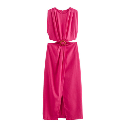 Round Neck Sleeveless Shoulder Pleated Opening Ornament Dress