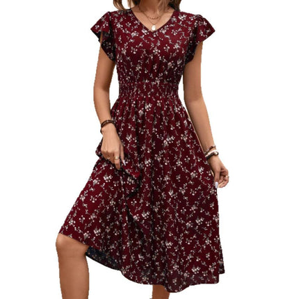 Fashion Elegant Women's V-neck Belted Ruffle Sleeve Print Dress