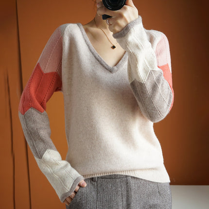 Contrast Color Woolen Sweater Women V-neck Pullover Patchwork Color Thermal Knitting Sweater Women