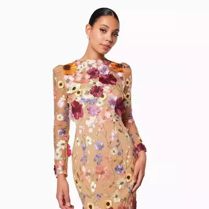 Colorful Three-dimensional Flower Embroidery Mesh Slim Fit Sheath Fishtail Dress