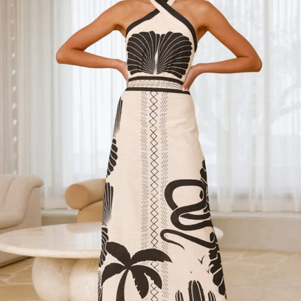 Shell Printing Vacation Style Halter Waist-tight A- Line Dress