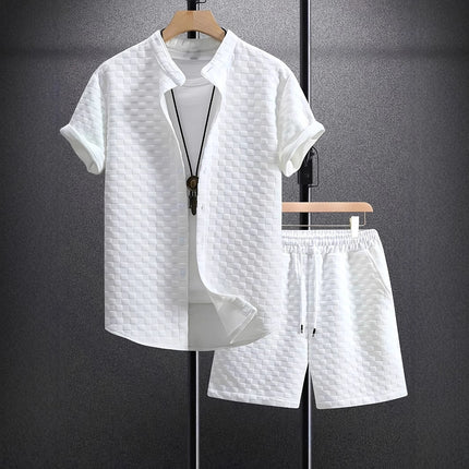 Men's Jacquard Casual Short Sleeve Shirt Outfit