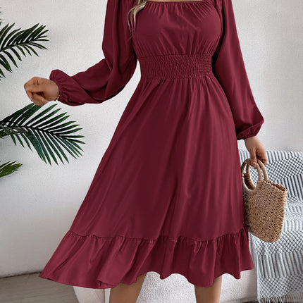 Casual Solid Color Square Collar Long Sleeve Waist Trimming Ruffles A- Line Skirt