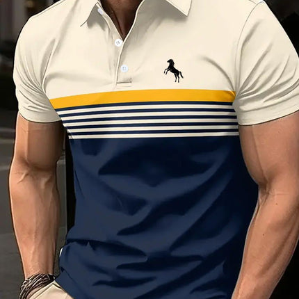 Men's Casual Striped Color Block Design Sports Style Collar Golf Shirt