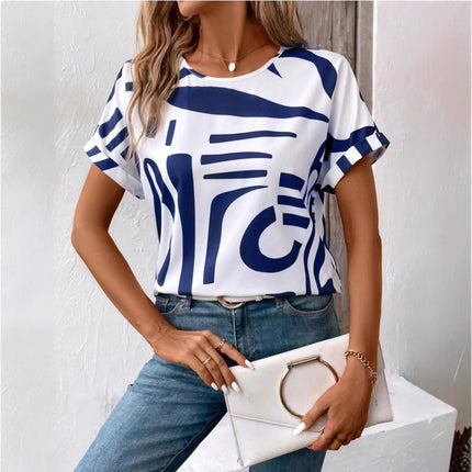 Batwing Sleeve Round Neck Geometric Printed Shirt For Women