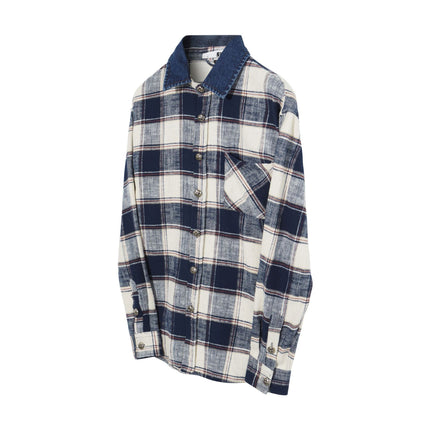 Men's Vintage Cross Button Denim Spliced Plaid Blouse Coat