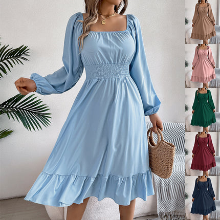 Casual Solid Color Square Collar Long Sleeve Waist Trimming Ruffles A- Line Skirt
