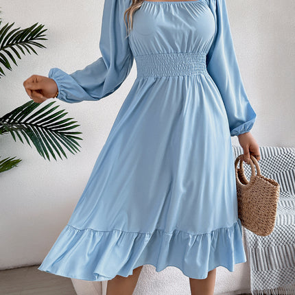 Casual Solid Color Square Collar Long Sleeve Waist Trimming Ruffles A- Line Skirt