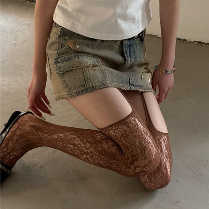 Lace Mesh Hollow Jacquard Black Silk Fishnet Stockings