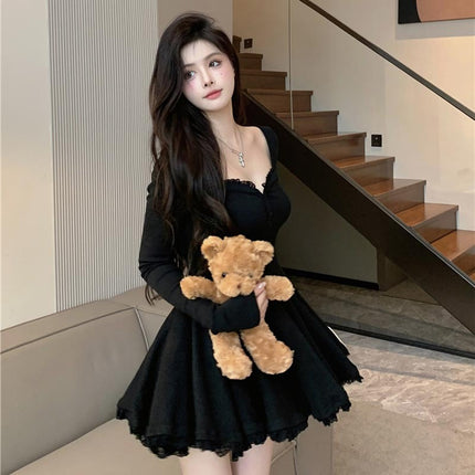 Pure Desire Puffy Sexy Lace Dress Women's New Elegant Slim Cinched Pleated A- Line Skirt