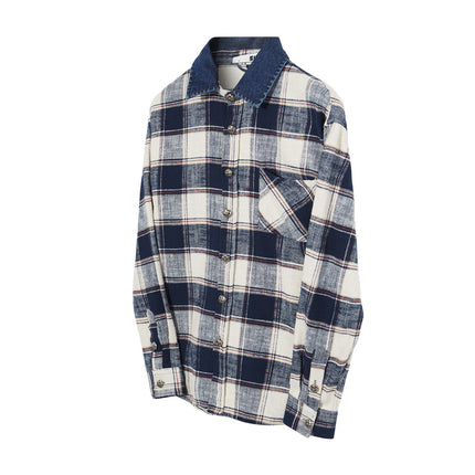 Men's Vintage Cross Button Denim Spliced Plaid Blouse Coat