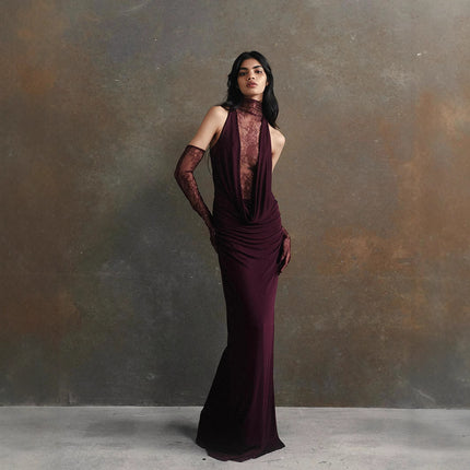 Halter Lace Stitching Sexy Deep V Hot Girl Pleated Evening Dress