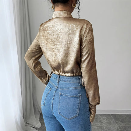 Graceful And Fashionable Casual Suit Collar Long Sleeve Drawstring Top