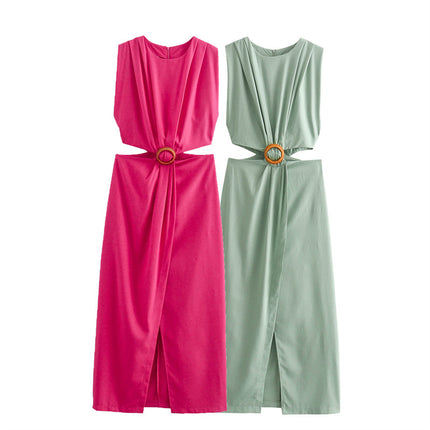 Round Neck Sleeveless Shoulder Pleated Opening Ornament Dress