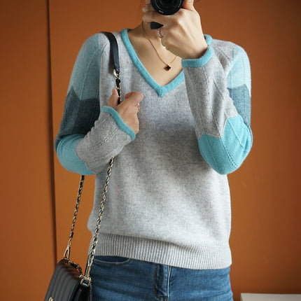 Contrast Color Woolen Sweater Women V-neck Pullover Patchwork Color Thermal Knitting Sweater Women