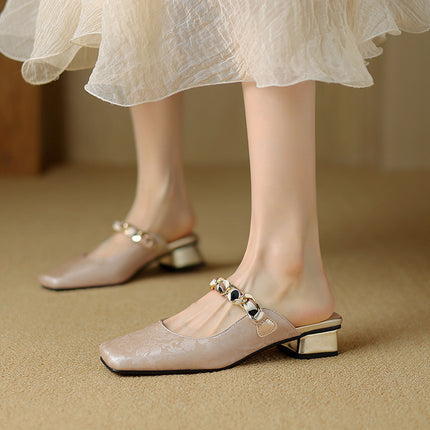 Low Heel Square Head 32-43 National Style Metal Chain Outdoor Slippers