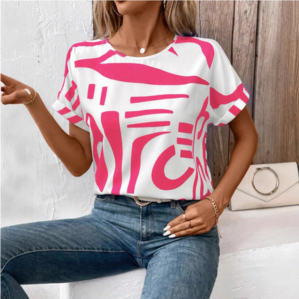 Batwing Sleeve Round Neck Geometric Printed Shirt For Women