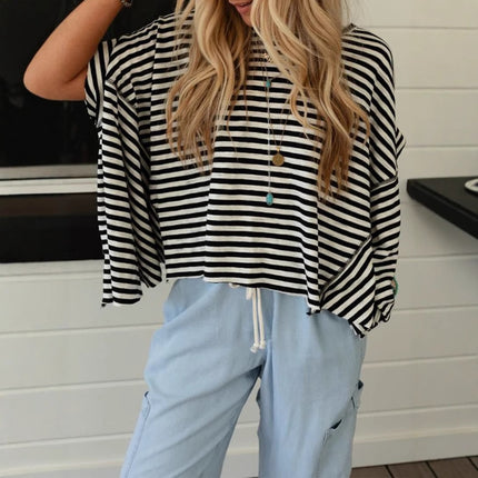 Round Neck Short Sleeve Pullover All-matching Striped Printed T-shirt