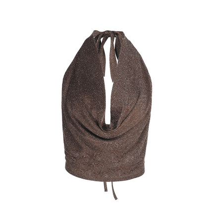 Women's Pure Color Halter Silver Silk Pockets Collar Top