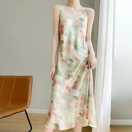 Women's V-neck Mid-length Satin Sling Dress