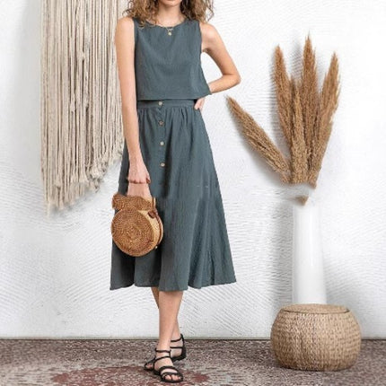 Casual And Comfortable Solid Color Suit Skirt Round Neck Design