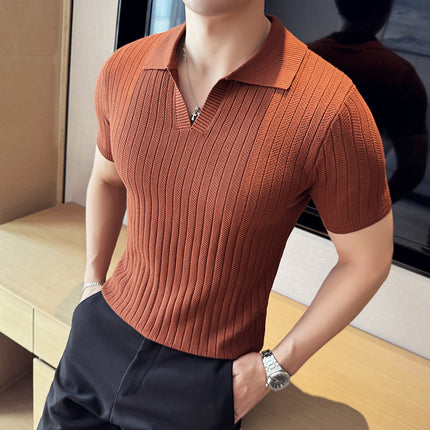 V-neck Knitted Lapel Short-sleeved T-shirt Men's Thin