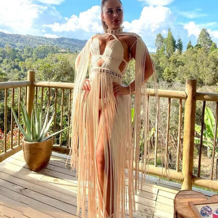 Women's Hand-woven Tassel Dress Creative Beach Travel Sexy Split Chest Wrap