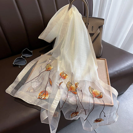 Chinese Style Pearl Flower Scarf Women's Embroidered Silk Scarf Warm Shawl