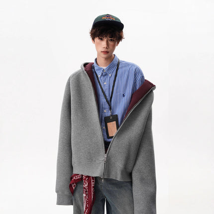 American Contrast Color Zipper Hooded Cardigan Sweater