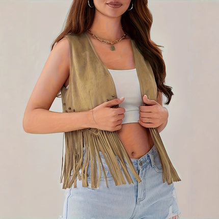 Women's Sleeveless Suede Fringed Jacket Cardigan