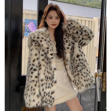 Leopard-print Fur And Lapel Fur Coat For Women