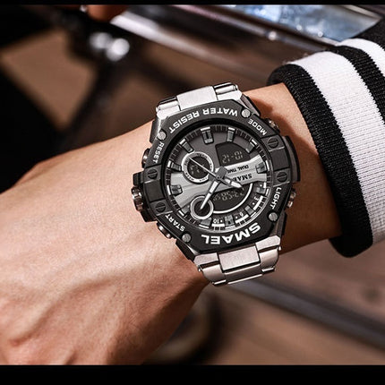 Men's Multi-functional Waterproof Double Display Alloy Steel Belt Electronic Watch