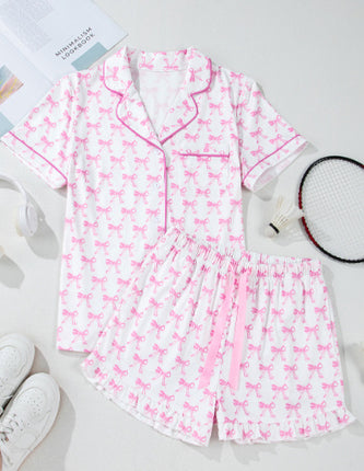 Short Sleeved And Pleated Shorts Pajama Set