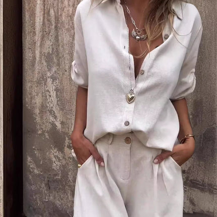 Short-sleeved Suits Fashion Lapel Button Shirt Top And Pocket Shorts Women's Clothing