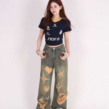 Retro Tattered Jeans Pants Love Wide Leg Jeans