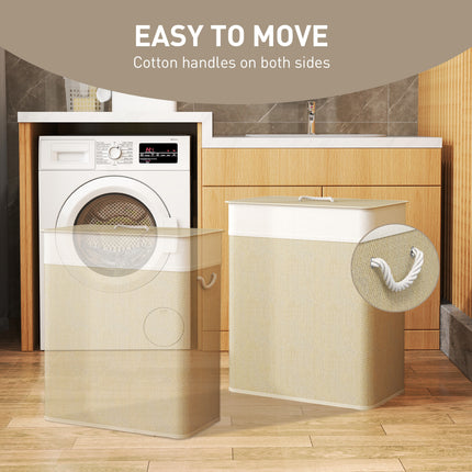 Double Laundry Basket With Lid, 26.4 Gallon Bamboo Laundry Hamper With Rope Handles And Removable Liner, Natural