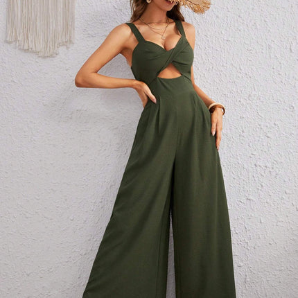 Women's Solid Color Loose Overall One Piece Summer Beach Jumpsuit With Spaghetti Straps