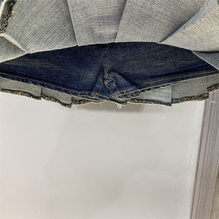 Hot Girl Retro Blue Low Waist Pleated Skirt