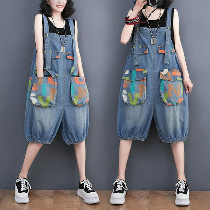 Women's Denim Printing Loose Leisure All-matching Suspender Pants