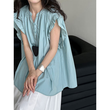 Casual Lace Ruffle Sleeve Shirt Top V-neck Buttons Pleated