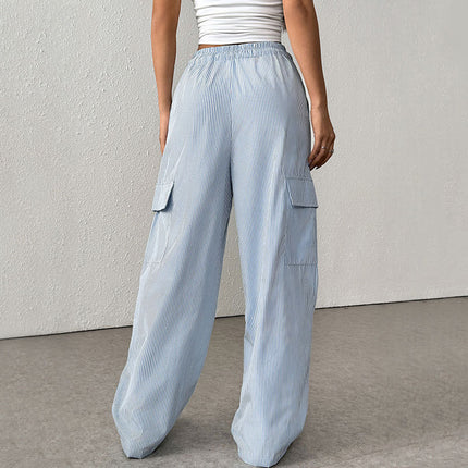 Women's Casual Elastic Striped Pocket Trousers