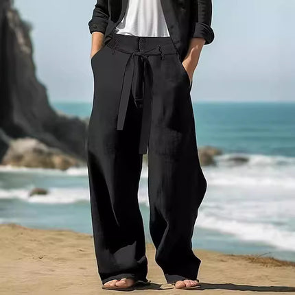 Men's Linen Belt Elastic Waist Straight Pure Color Comfort Breathable Outdoor Pants