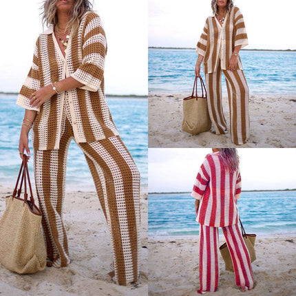 Women's Fashion V-Neck Hollow Out Striped Shirt Loose Knit Wide Leg Pants Set