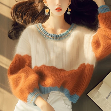 Autumn And Winter New Soft Glutinous Orange Round Neck Stitching Sweater